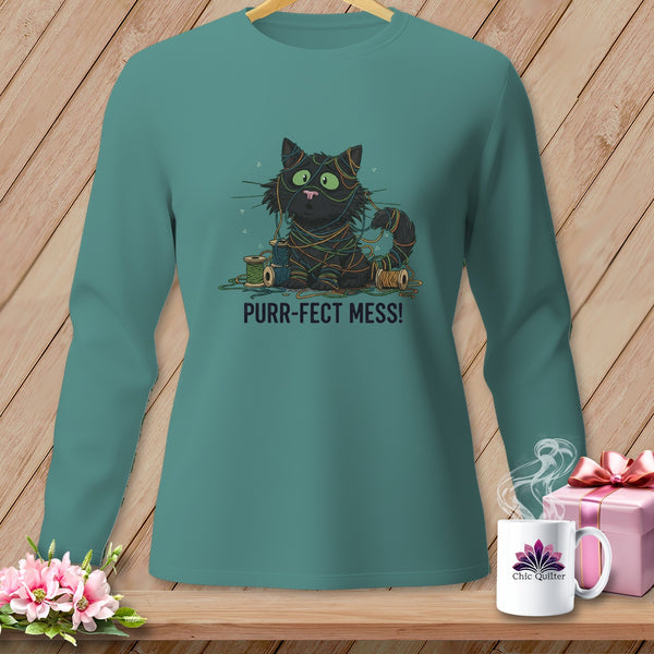 Teal long-sleeve shirt with a black cat tangled in yarn and text "PURR-FECT MESS!"