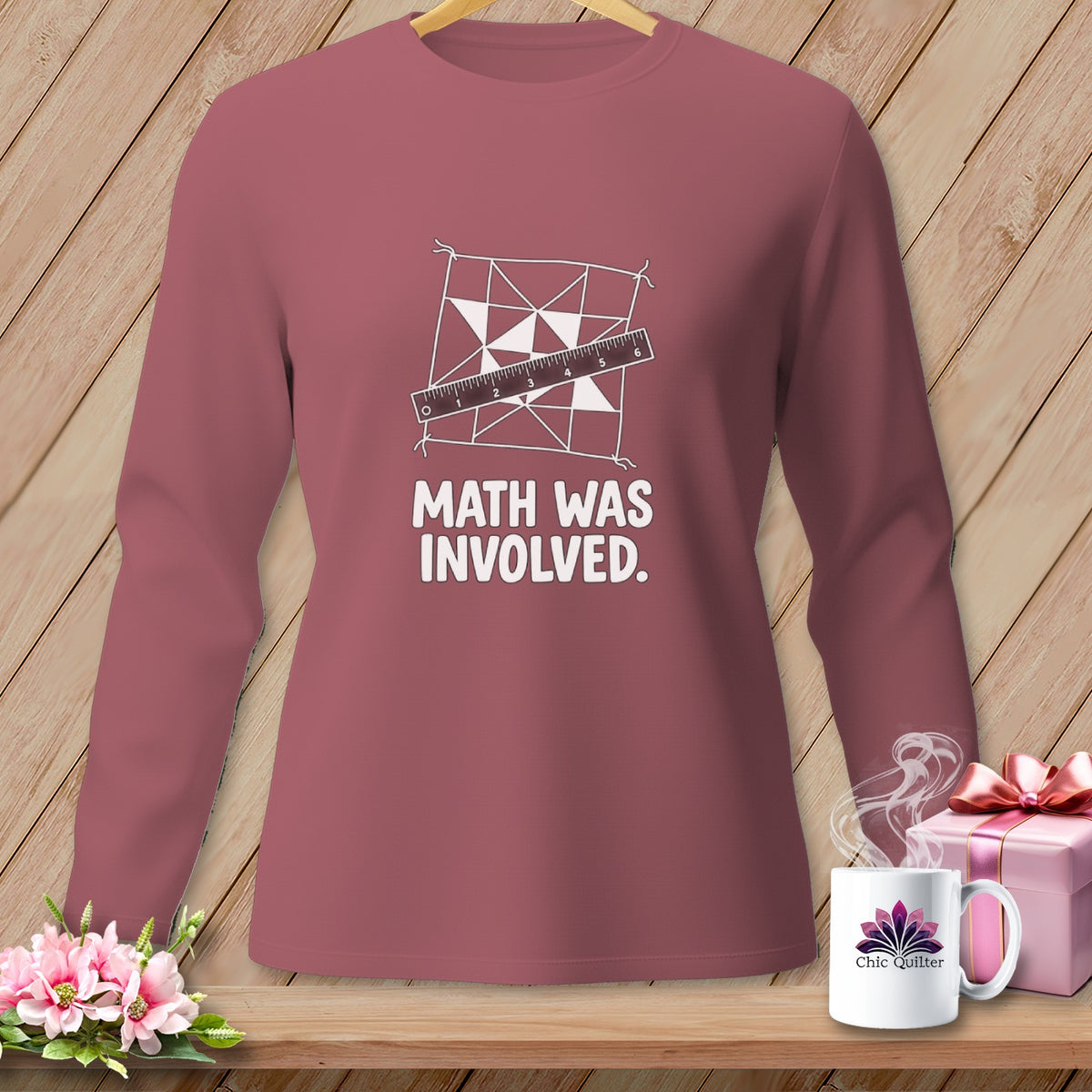 Long-sleeve shirt with "MATH WAS INVOLVED" text and quilting design.