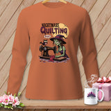 Halloween graphic on an orange shirt: zombie witch sewing with an owl and 