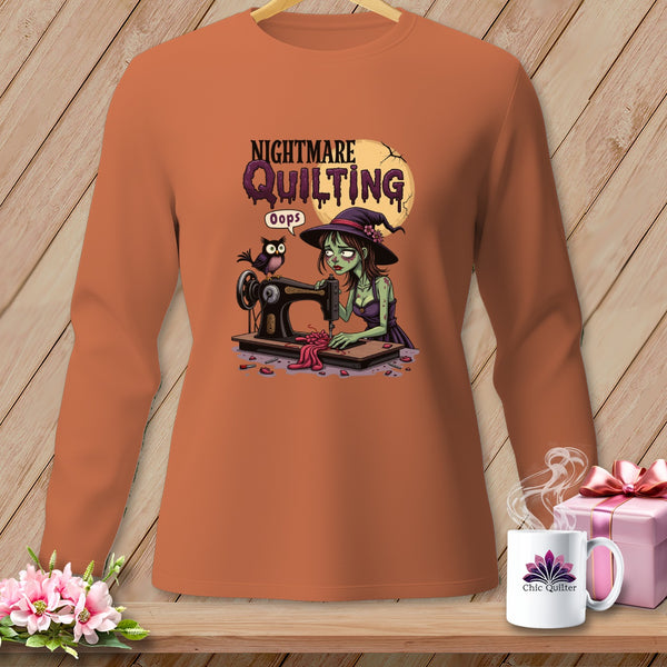 Halloween graphic on an orange shirt: zombie witch sewing with an owl and "Nightmare Quilting" text.