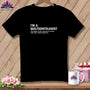 Black t-shirt with "I'm a Quilteontologist" text, held by thread and chocolate.