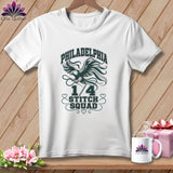 White t-shirt featuring a green graphic with an eagle holding a needle, text reading Philadelphia 1/4 Stitch Squad.
