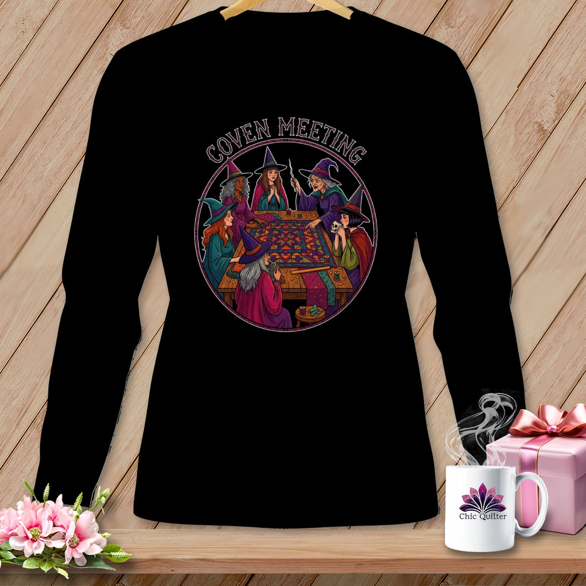 Witches in a circle around a table with "Coven Meeting" text above.
