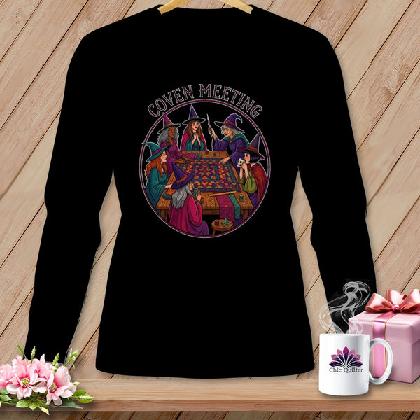 Witches in a circle around a table with "Coven Meeting" text above.