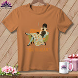 Orange t-shirt with graphic of woman smoking and cat under quilt, text 