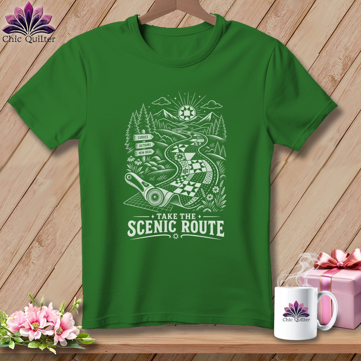 Green t-shirt with "Take the Scenic Route" graphic featuring a winding road.
