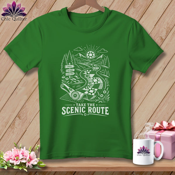 Green t-shirt with "Take the Scenic Route" graphic featuring a winding road.