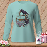 Light blue long-sleeve shirt with ravens, sewing machine, and 