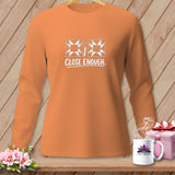 Orange long-sleeved shirt with quilting graphic and text 
