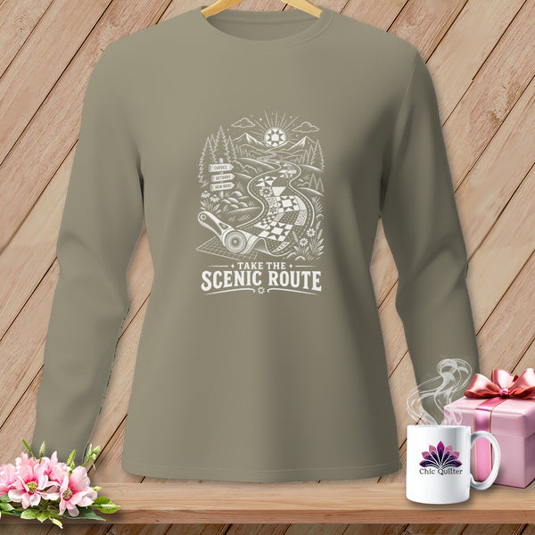 Long sleeve shirt with a scenic route graphic, featuring road signs and text "Take the Scenic Route."