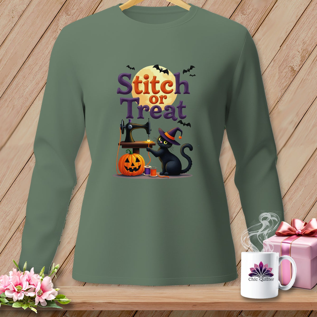 Black cat sewing pumpkin with "Stitch or Treat" text and bats.