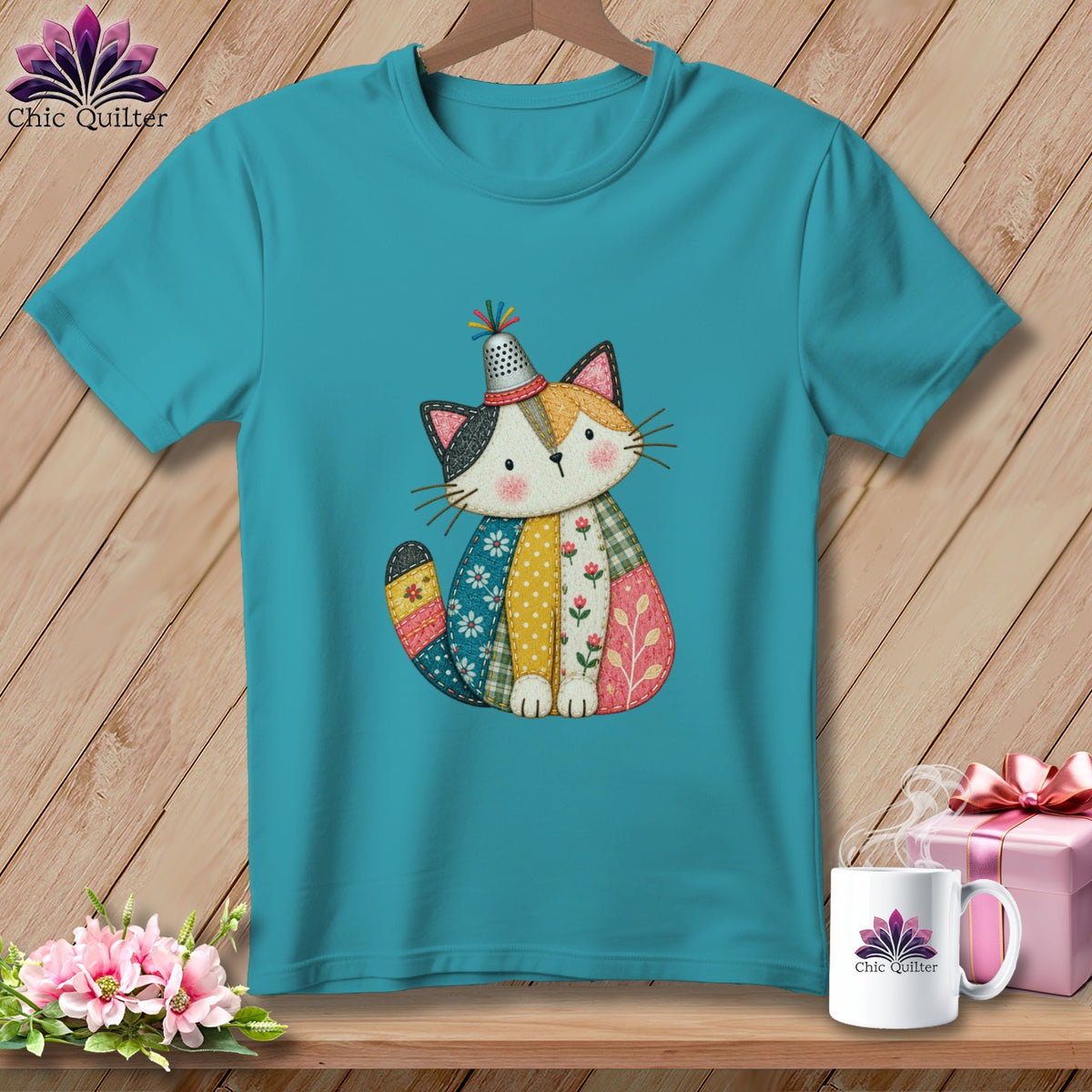 A teal t-shirt featuring a cute, patchwork cat graphic wearing a thimble hat.