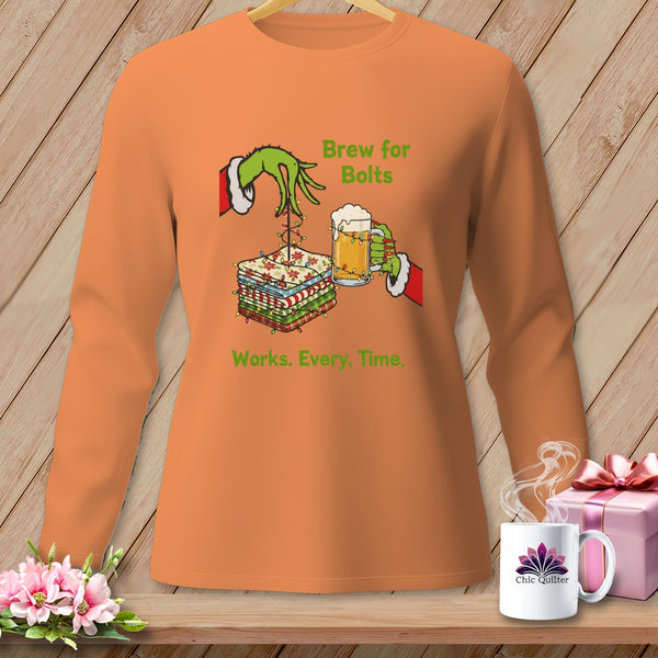 Grinch's hand holding beer and fabric with text "Brew for Bolts Works. Every. Time."