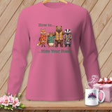Pink long-sleeve shirt with fox, squirrel, bear, and badger in quilted vests, text 