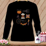 Black long sleeve shirt with Halloween sewing and crafting icons.