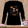 Black long sleeve shirt with Halloween sewing and crafting icons.