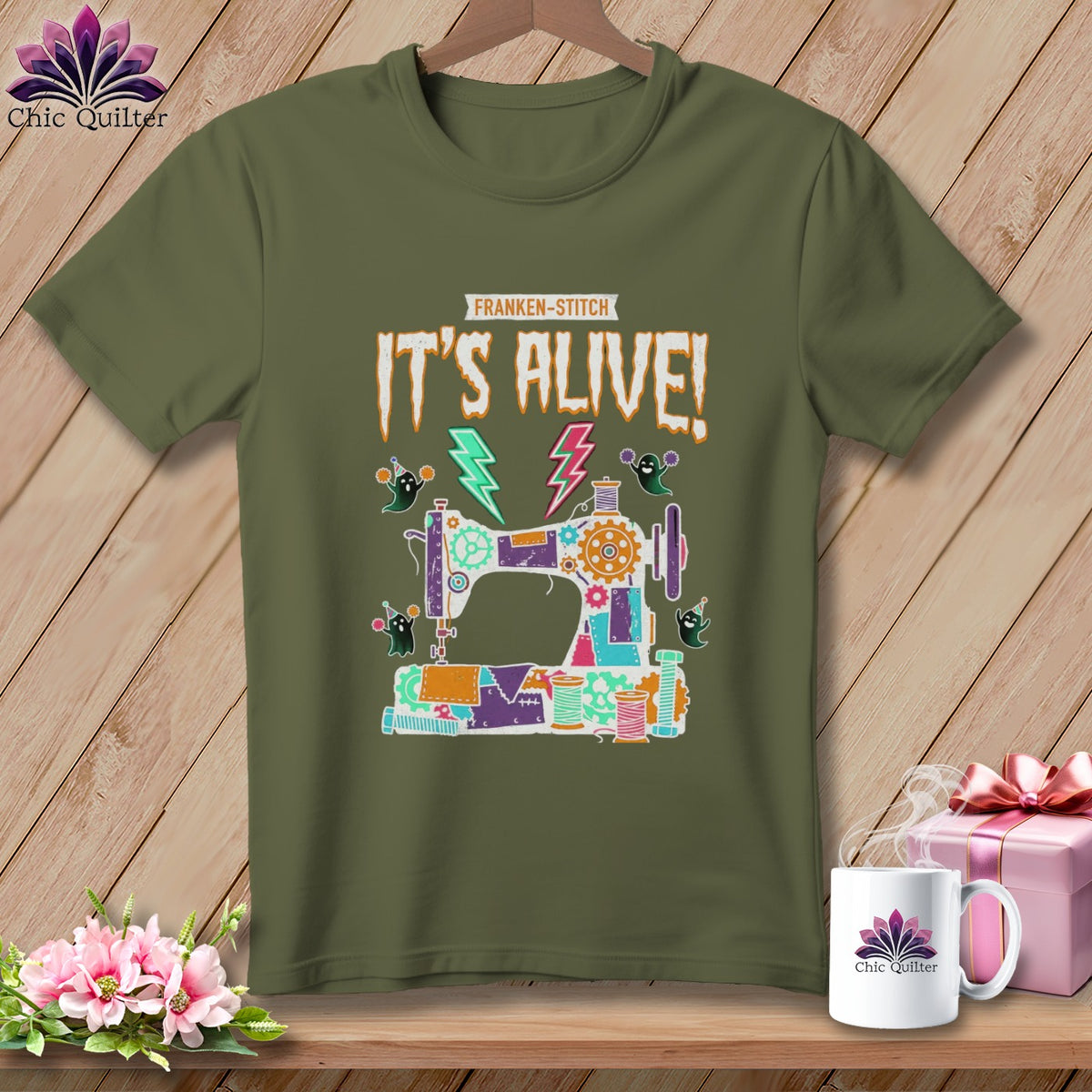 Green t-shirt with Franken-stitch "It's Alive!" sewing machine graphic.