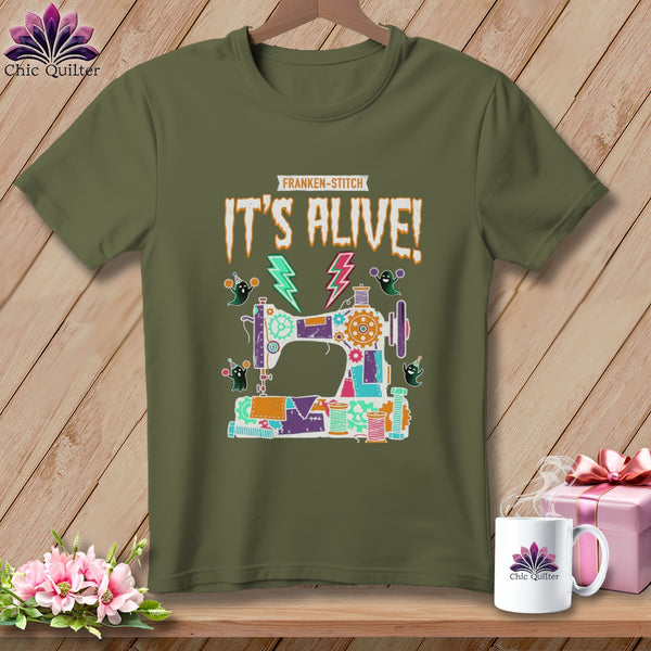 Green t-shirt with Franken-stitch "It's Alive!" sewing machine graphic.