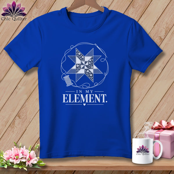 Blue t-shirt with quilting star design and text "In My Element".