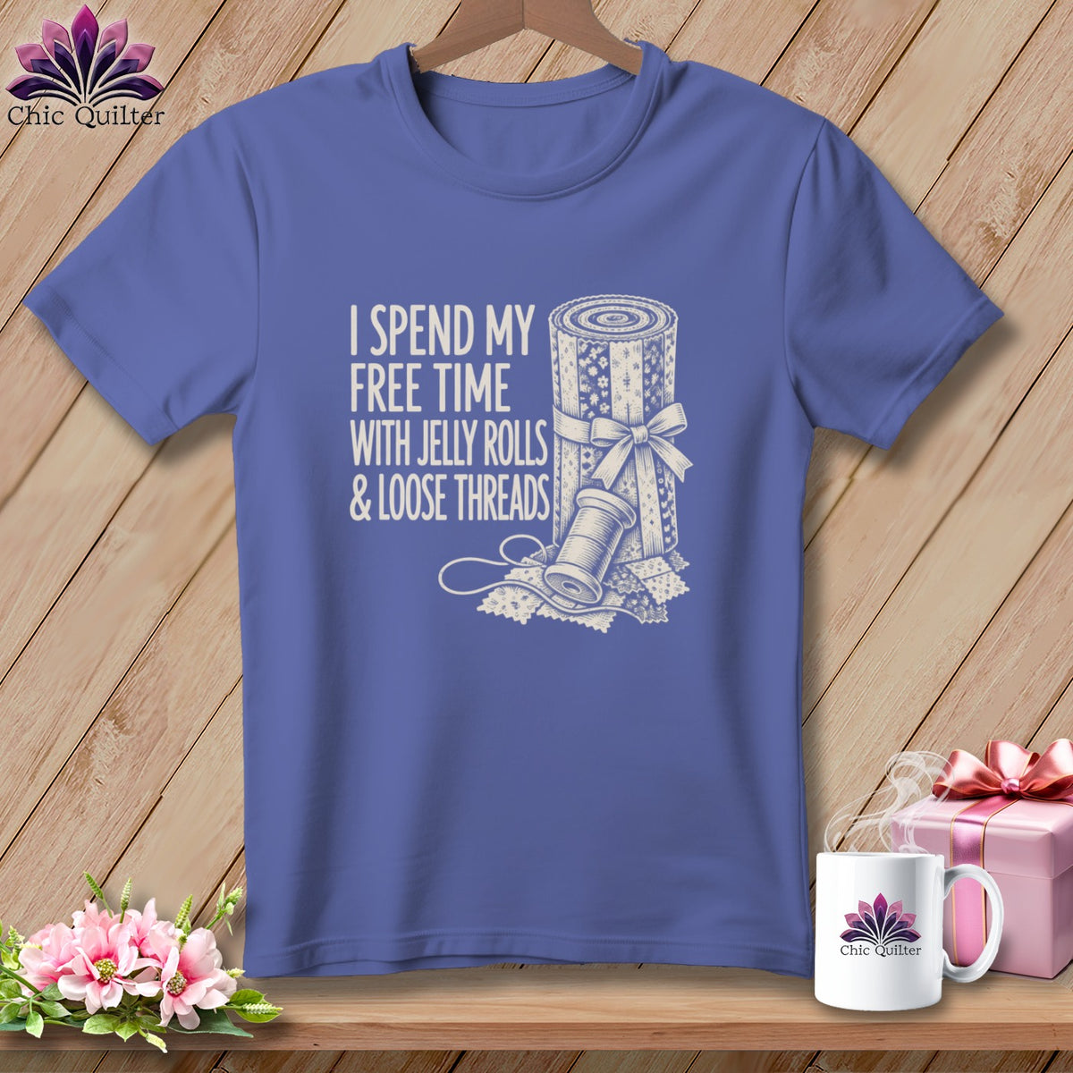 Purple t-shirt with "I SPEND MY FREE TIME WITH JELLY ROLLS & LOOSE THREADS" graphic.