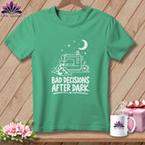 Green t-shirt with white sewing machine graphic and text 