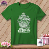 Green t-shirt with a white illustration of fabric in a basket and the text 