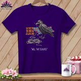 Purple t-shirt with a crow tangled in string and quote 