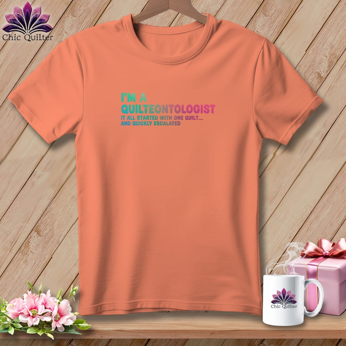 Orange t-shirt with "I'M A QUILTEONTOLOGIST" text.