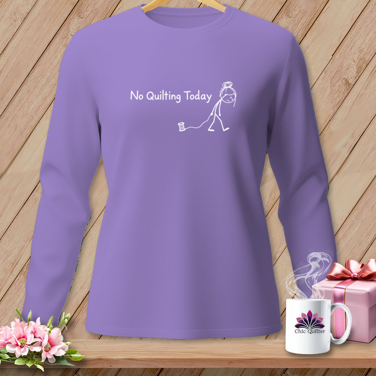 Purple long-sleeve shirt with "No Quilting Today" and a stick figure.
