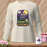 Light cream long-sleeve shirt with a Halloween graphic of an owl sewing and 