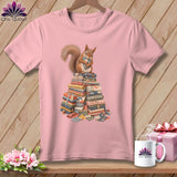 Pink t-shirt with a squirrel holding a fabric heart atop a stack of quilting fabric.