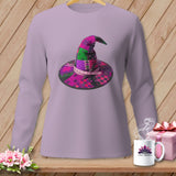 Quilted witch hat with scissors and measuring tape graphic on a lavender long-sleeve shirt.
