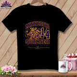 Black t-shirt featuring a purple and yellow Minnesota Quilter graphic with a Viking design.