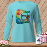 Light blue long-sleeve shirt with colorful, abstract sewing machine graphic.