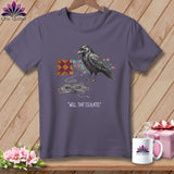 Raven pulling thread through quilt pieces with text 