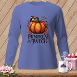 Long sleeve shirt with pumpkin, owl, leaves, and 