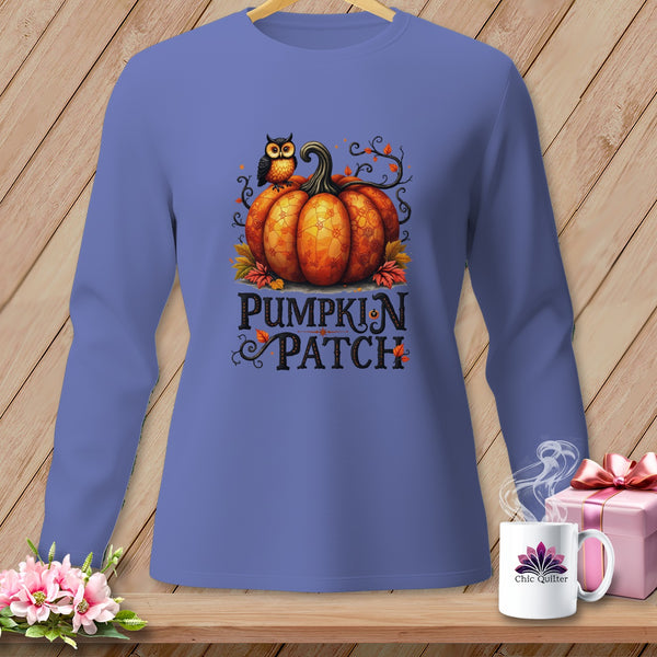 Long sleeve shirt with pumpkin, owl, leaves, and "Pumpkin Patch" text.