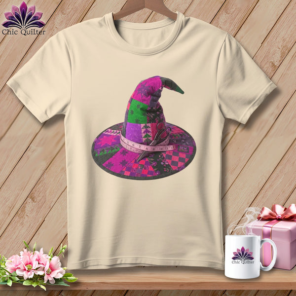 Quilted witch hat with scissors and measuring tape, "Sew Witchy" text on t-shirt.