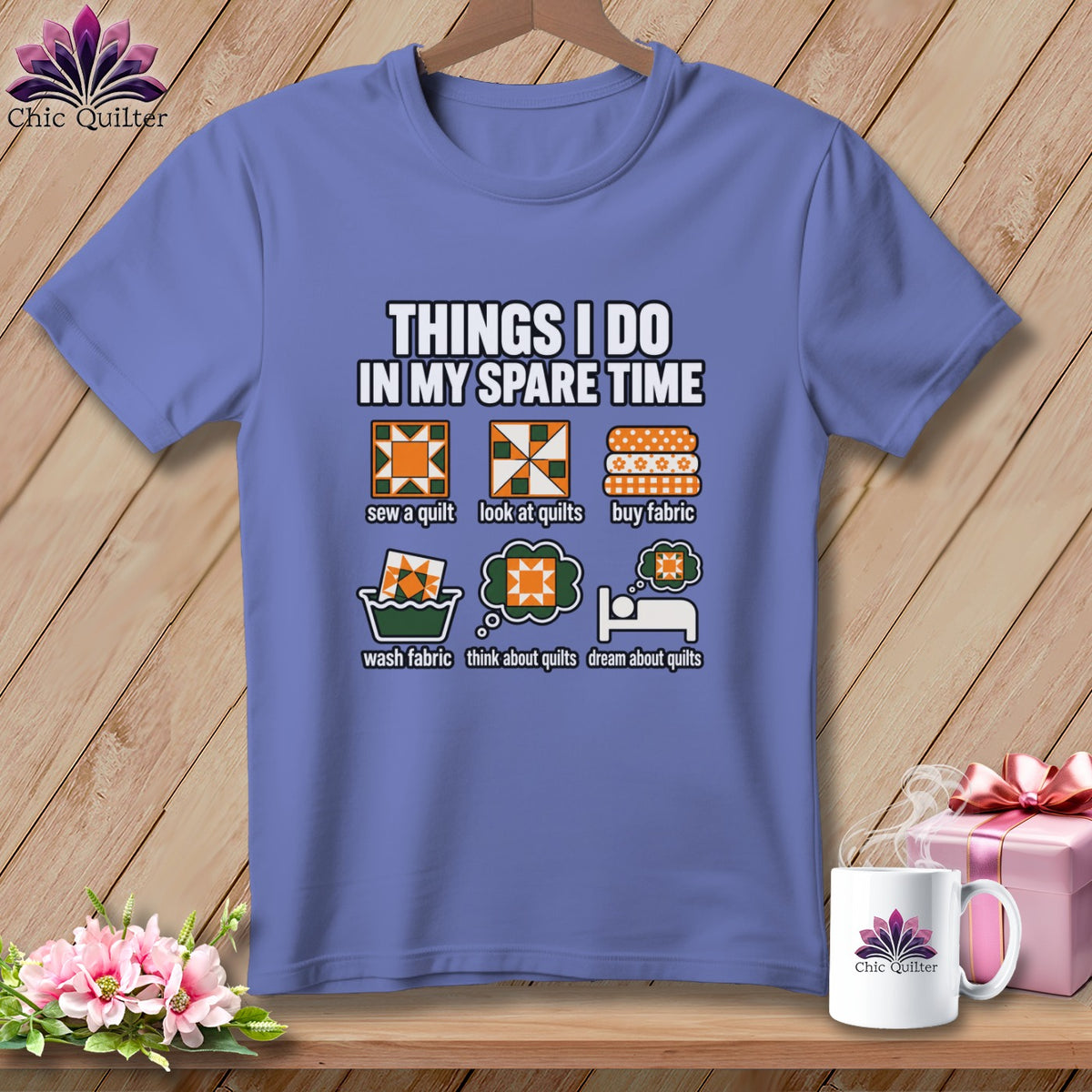 Periwinkle t-shirt printed with humorous quilting graphics and the text Things I Do in My Spare Time.