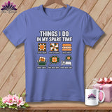Periwinkle t-shirt printed with humorous quilting graphics and the text Things I Do in My Spare Time.