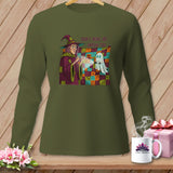 Green long-sleeve shirt with Halloween graphic of a witch and ghost with text.