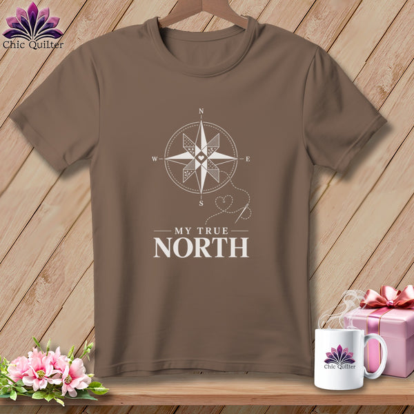 Brown t-shirt with white compass graphic and text "MY TRUE NORTH".