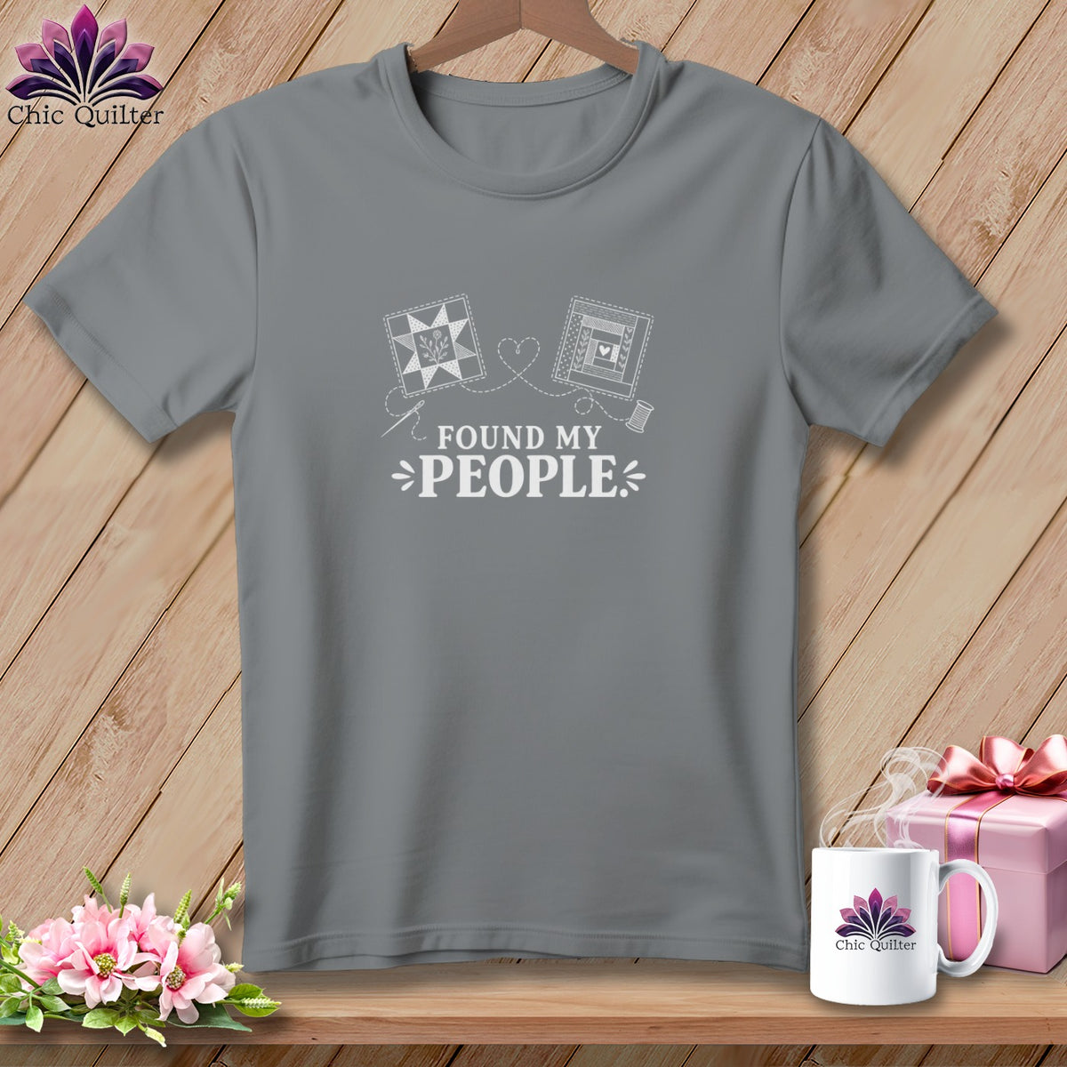 Grey t-shirt with "Found My People" and quilting motif.
