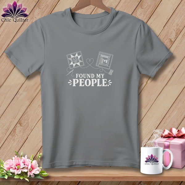 Grey t-shirt with "Found My People" and quilting motif.