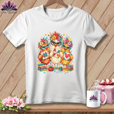 A white t-shirt features a colorful graphic of three chickens wearing glasses and floral crowns, holding quilt blocks.