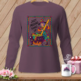 Illustration of a witch stirring a cauldron with a ruler on a purple long-sleeved shirt.