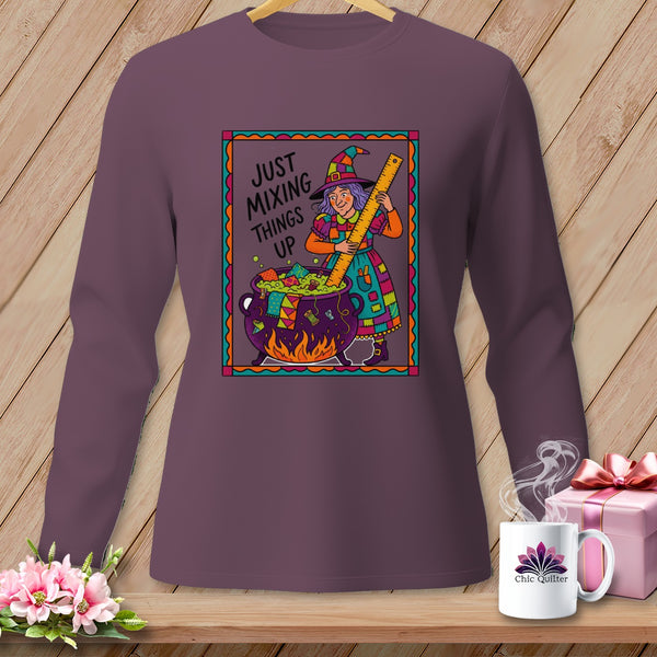 Illustration of a witch stirring a cauldron with a ruler on a purple long-sleeved shirt.