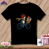 Penguin on a bicycle with fabric rolls, wearing a tomato hat. 