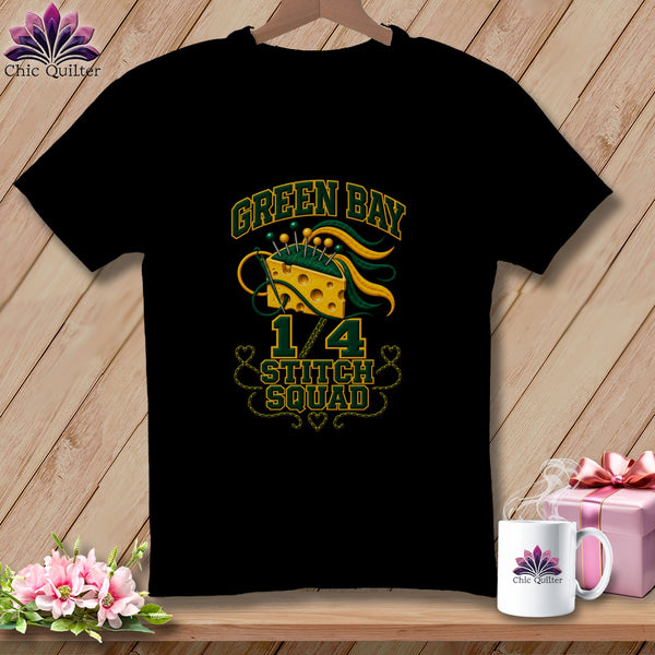 Black t-shirt featuring Green Bay Stitch Squad graphic with a wedge of cheese pincushion.