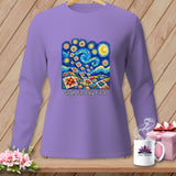 Purple long-sleeve shirt with Van Gogh Starry Night quilt design and text 
